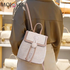 Straw Woven Backpack Beach Women Leather Pompom Travel Shoulder Bag