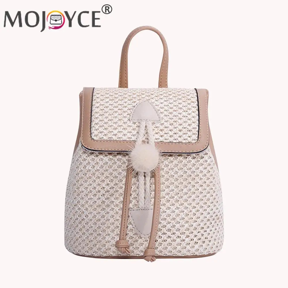 Straw Woven Backpack Beach Women Leather Pompom Travel Shoulder Bag