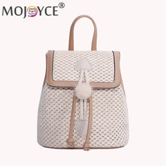 Straw Woven Backpack Beach Women Leather Pompom Travel Shoulder Bag