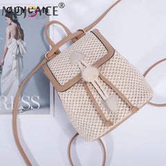 Straw Woven Backpack Beach Women Leather Pompom Travel Shoulder Bag