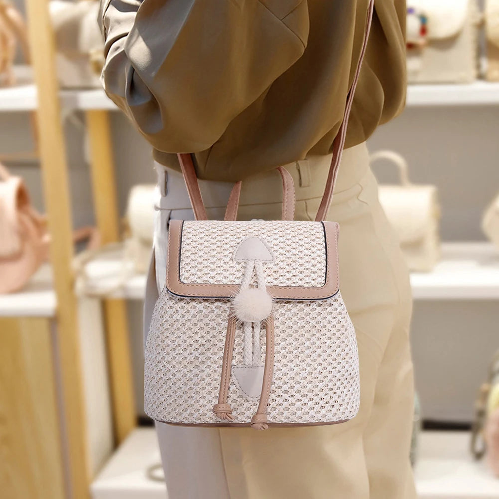 Straw Woven Backpack Multifunctional Shoulder Backpack