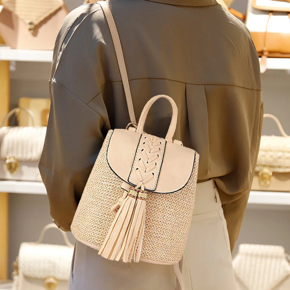 Straw Woven Backpack Women Summer Beach PU Tassel Travel Shoulder Bags