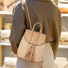 Straw Woven Backpack Women Summer Beach PU Tassel Travel Shoulder Bags