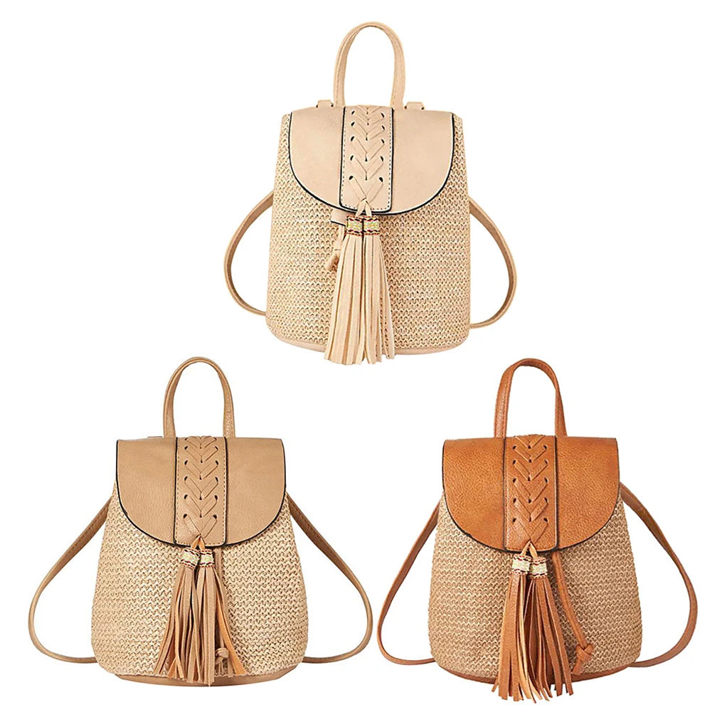 Straw Woven Backpack Women Summer Beach PU Tassel Travel Shoulder Bags