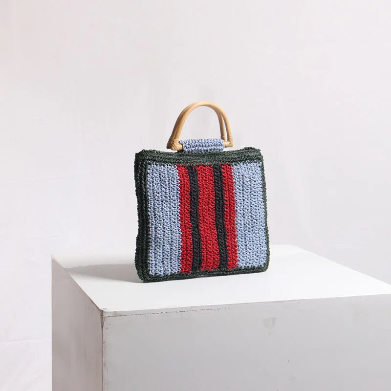 Straw Woven Bag Female Ins Portable Lovely Fairy Stripe Hand Bag