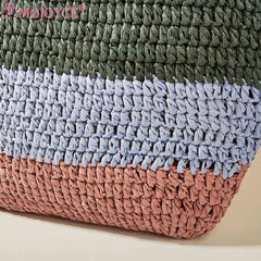 Straw Woven Bag Ladies Tote Large Casual Striped Contrast for Seaside Holiday