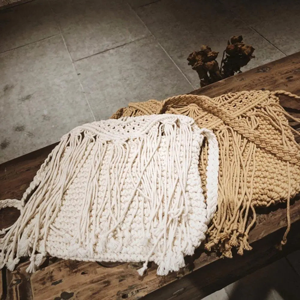 Straw Woven Bag Summer Cotton Rope Hollow Tassel Tote Women Knitting Net Bag