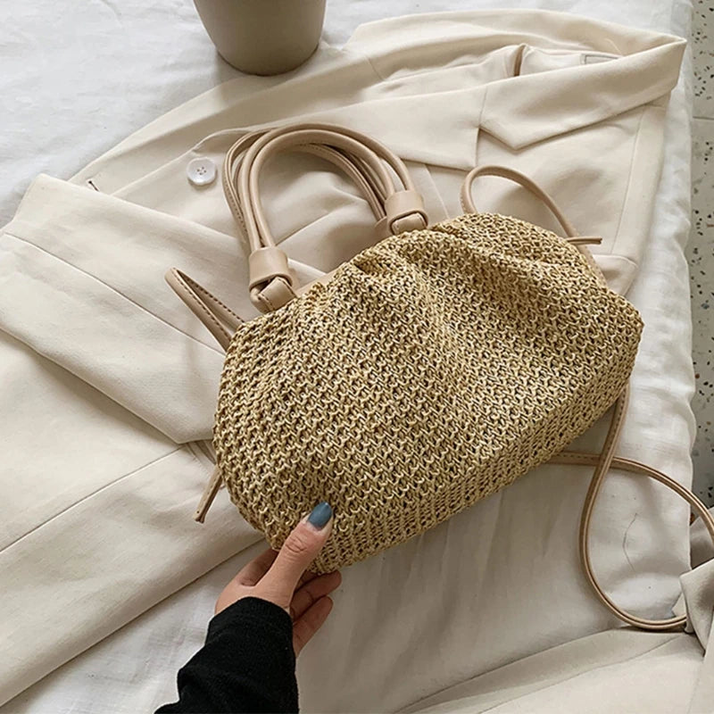 Straw Woven Cloud Bag Women PU Leather Handbag Summer