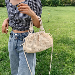 Straw Woven Cloud Bag Women PU Leather Handbag Summer