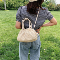 Straw Woven Cloud Bag Women PU Leather Handbag Summer