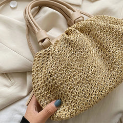 Straw Woven Cloud Bag Women PU Leather Handbag Summer