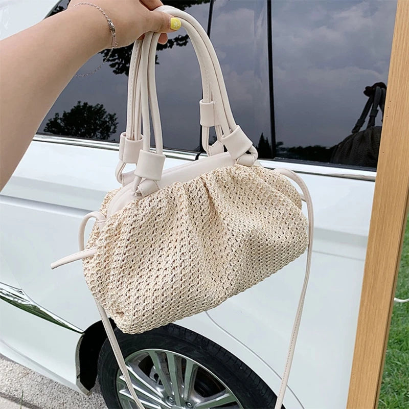 Straw Woven Cloud Bag Women PU Leather Handbag Summer