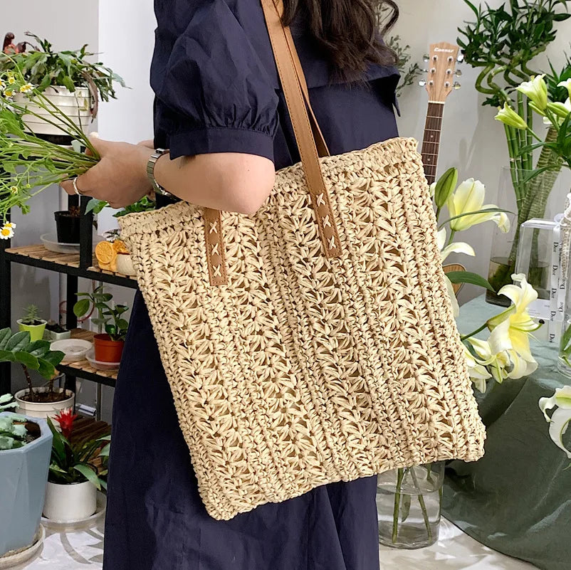 Straw Woven Ladies Large Tote Bag Casual Shoulder Purse Beach Vacation Handbag