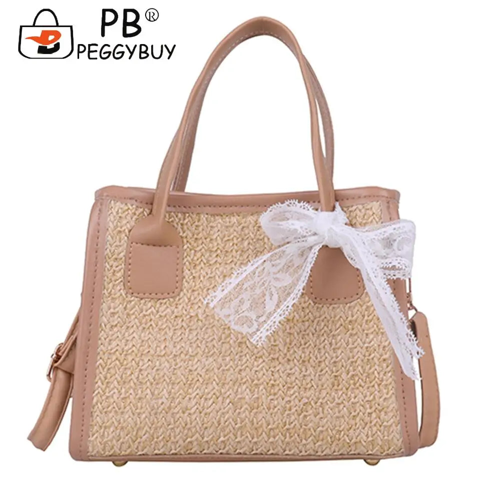 Straw Woven Shoulder Bag Lace Splicing Beach Purse