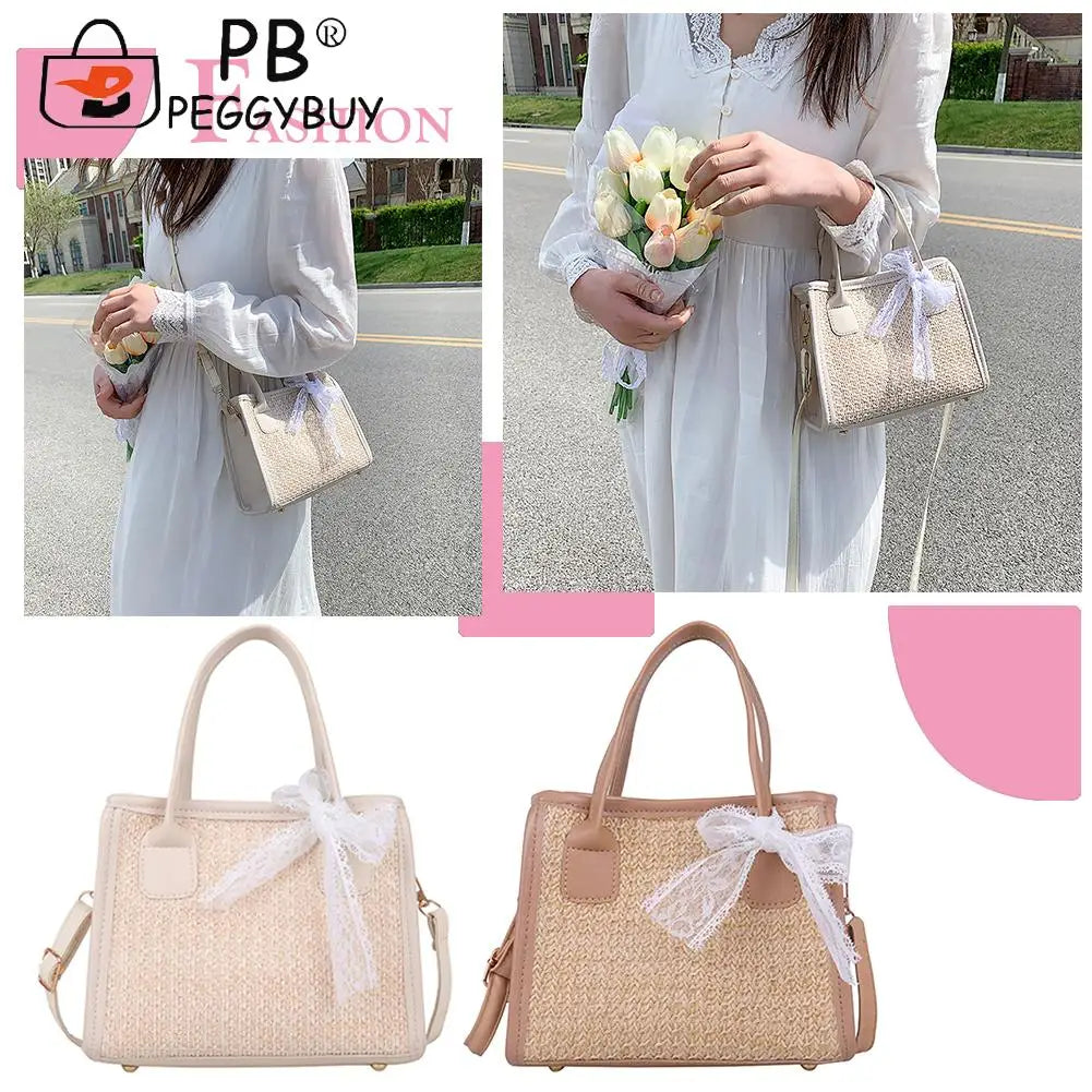 Straw Woven Shoulder Bag Lace Splicing Beach Purse