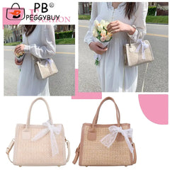 Straw Woven Shoulder Bag Lace Splicing Beach Purse