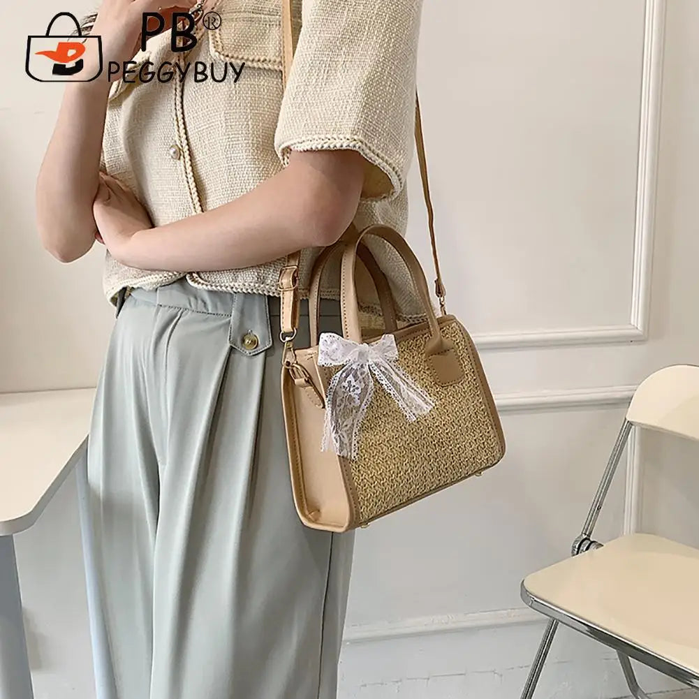 Straw Woven Shoulder Bag Lace Splicing Beach Purse