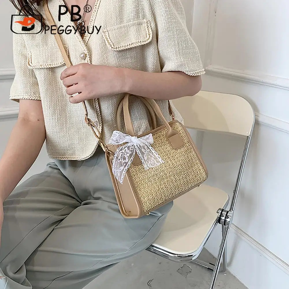 Straw Woven Shoulder Bag Lace Splicing Beach Purse