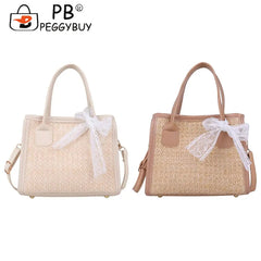Straw Woven Shoulder Bag Lace Splicing Beach Purse