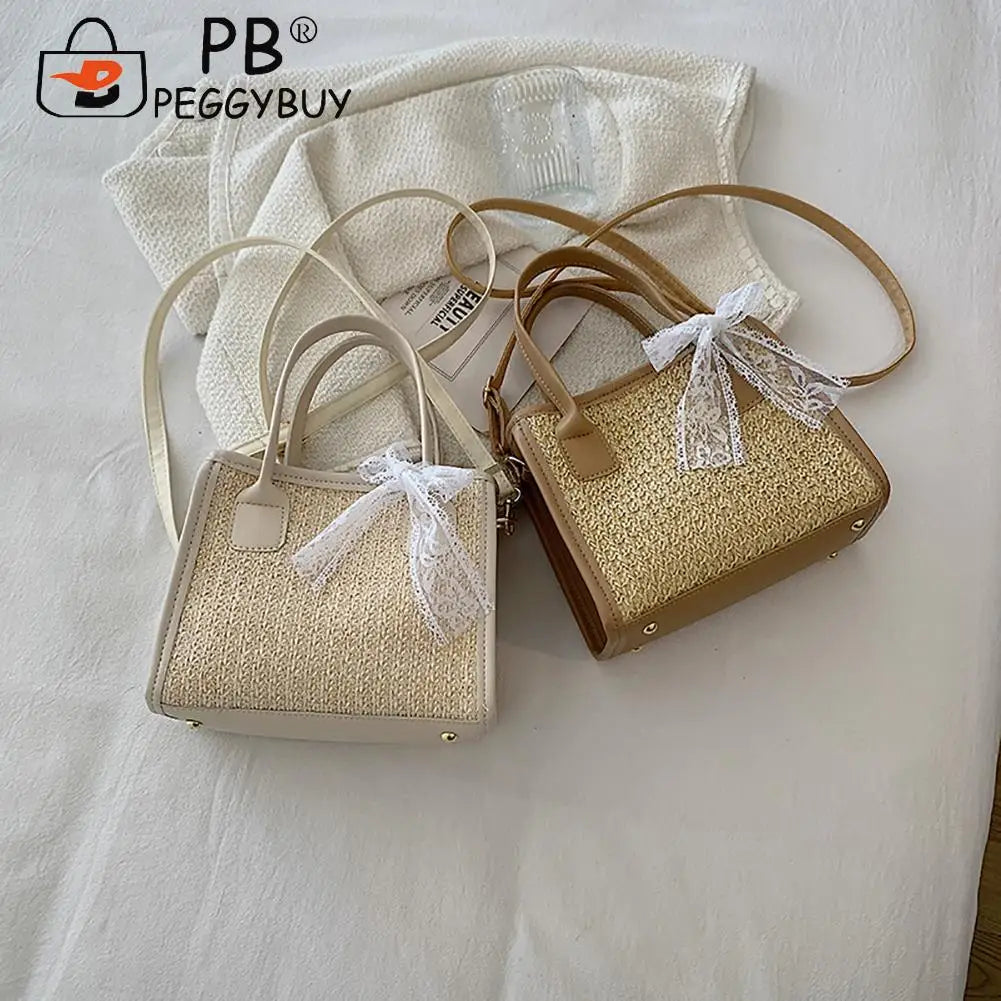 Straw Woven Shoulder Bag Lace Splicing Beach Purse