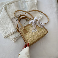 Straw Woven Shoulder Bag Lace Splicing Beach Purse