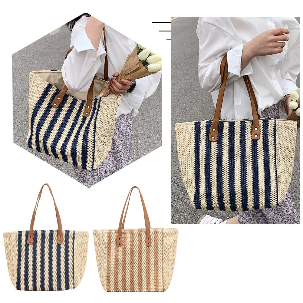 Straw Woven Shoulder Bags Women Summer Beach Vacation Ladies Travel Purse Totes