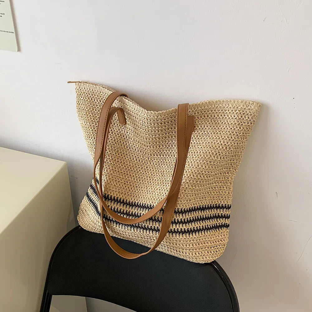 Straw Woven Shoulder Bags for Women Summer Beach Vacation Ladies Travel Totes Ha