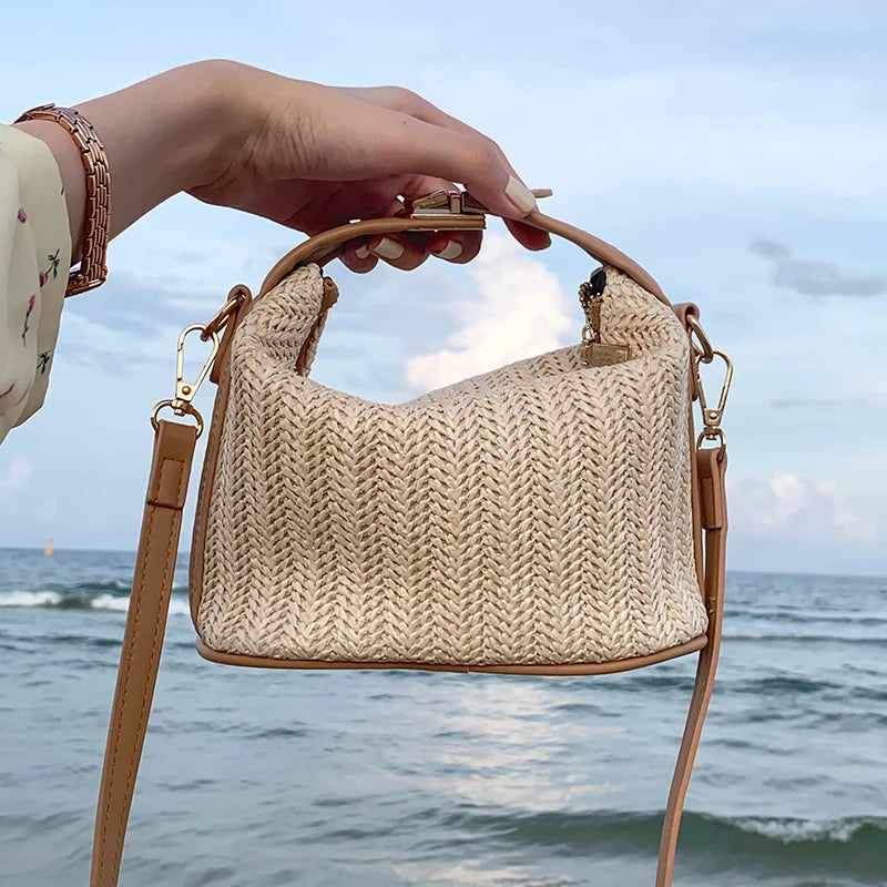 Straw Woven Women's Small Bucket Shoulder Bag Ladies Beach Tote Clutch Purse