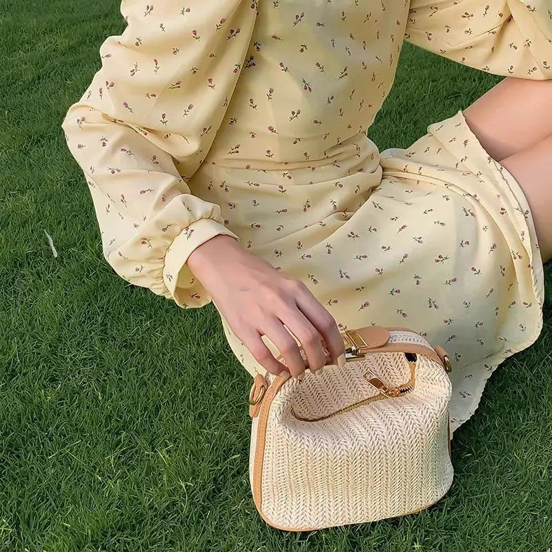 Straw Woven Women's Small Bucket Shoulder Bag Ladies Beach Tote Clutch Purse