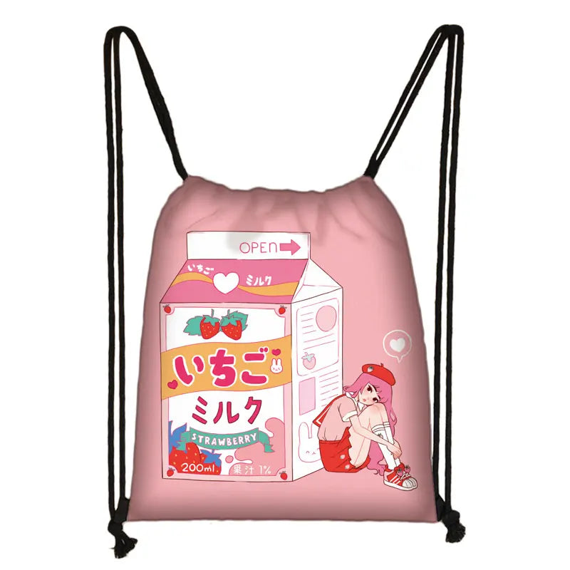 Strawberry Milk Backpack Drawstring Bag Women Lolita Girls Harajuku Kawaii