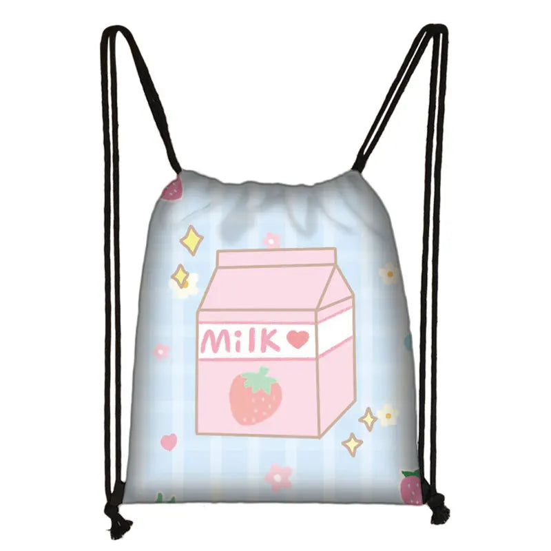 Strawberry Milk Backpack Drawstring Bag Women Lolita Girls Harajuku Kawaii