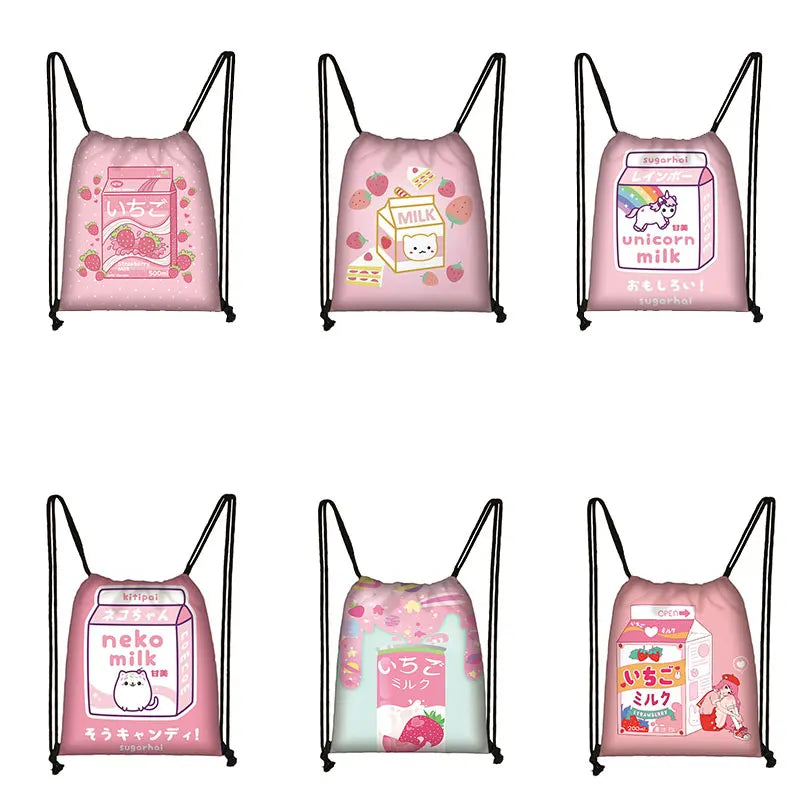 Strawberry Milk Backpack Drawstring Bag Women Lolita Girls Harajuku Kawaii