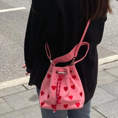 Strawberry Pattern Bucket Crossbody Bag Pink Heart Shoulder Bag Y2k Style