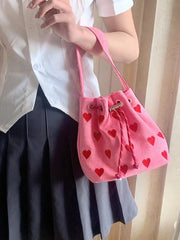Strawberry Pattern Bucket Crossbody Bag Pink Heart Shoulder Bag Y2k Style