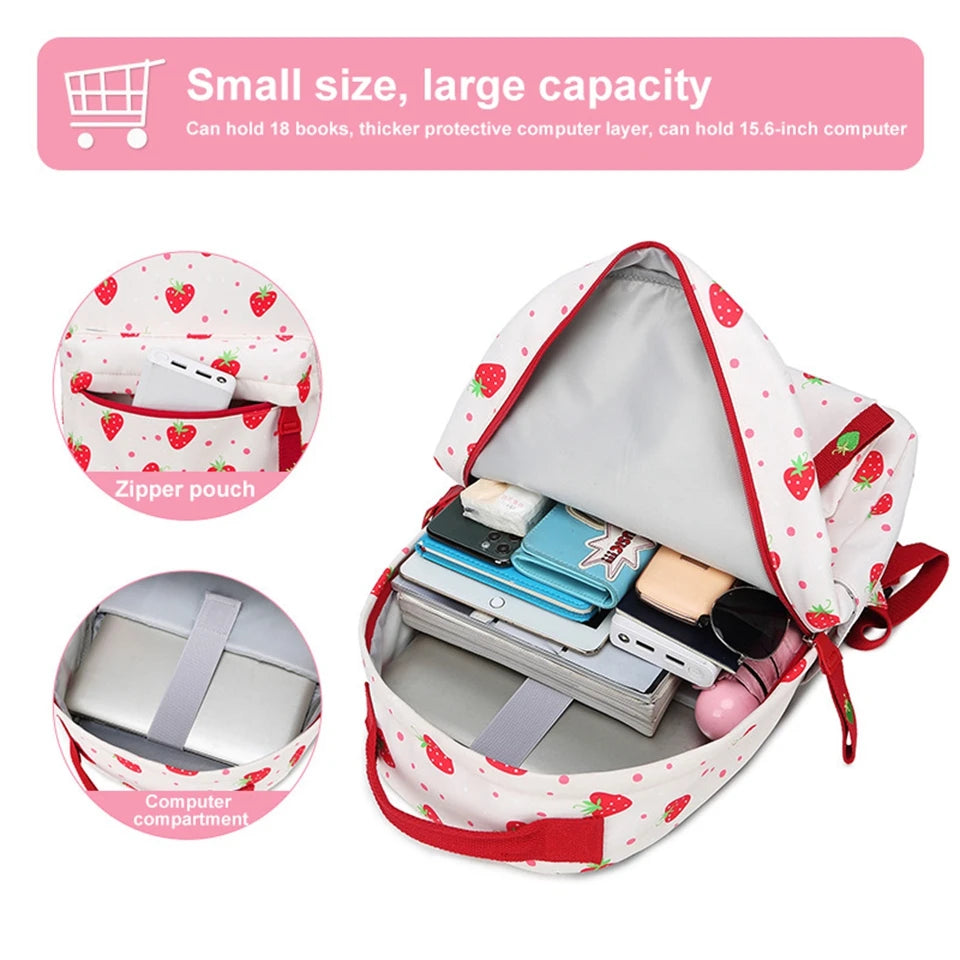 Strawberry Print Middle School Backpack for Girls