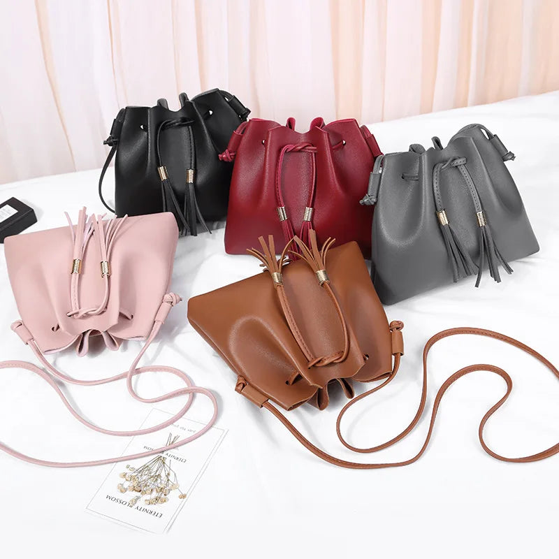 Tassel PU Leather Bucket Bag Small Handbag Women Shoulder Crossbody Purse