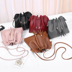 Tassel PU Leather Bucket Bag Small Handbag Women Shoulder Crossbody Purse