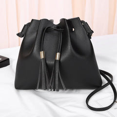 Tassel PU Leather Bucket Bag Small Handbag Women Shoulder Crossbody Purse