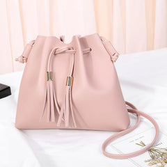 Tassel PU Leather Bucket Bag Small Handbag Women Shoulder Crossbody Purse