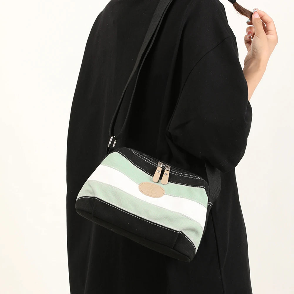 Stripe Contrast Women's Shoulder Bag Canvas Messenger Bag Retro Crossbody Bag