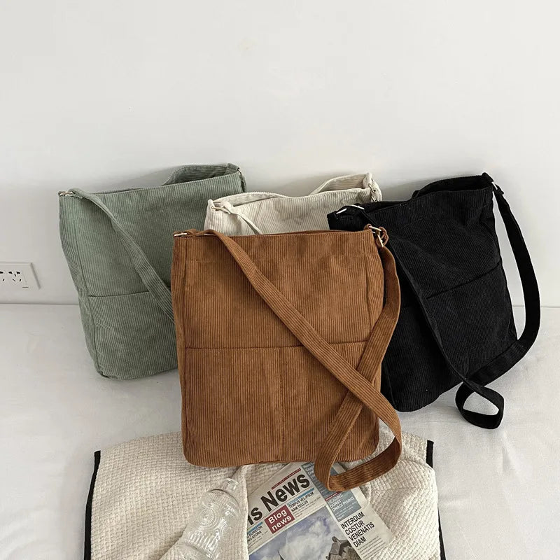 Corduroy Shoulder Bag Women Handbag Casual Tote Solid Cloth Female Crossbody Bag