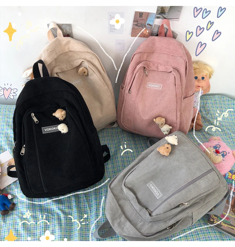 Stripe Corduroy Backpack Teenage Boys Girls Bag