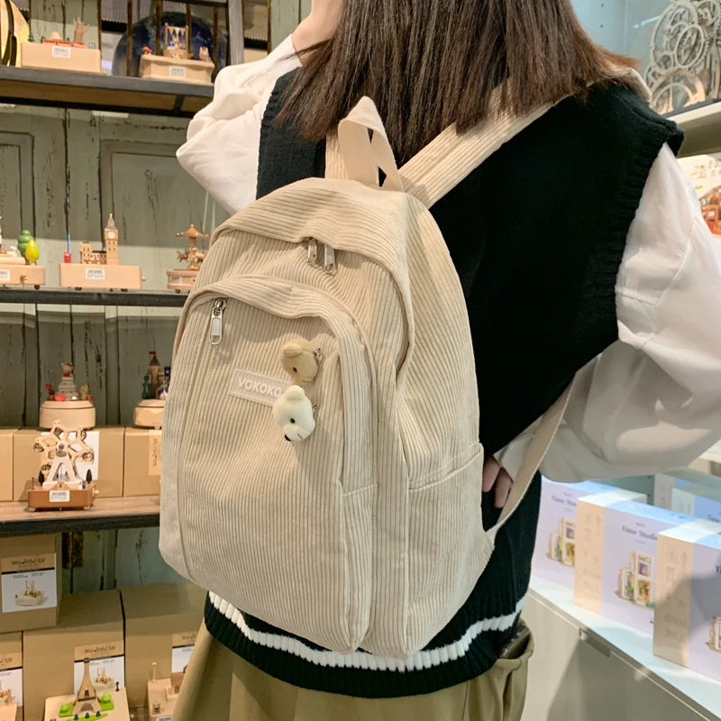 Stripe Corduroy Backpack Teenage Boys Girls Bag
