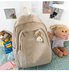 Striped Corduroy Backpack for Teens - Brown