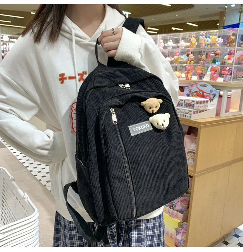 Stripe Corduroy Backpack Teenage Boys Girls Bag