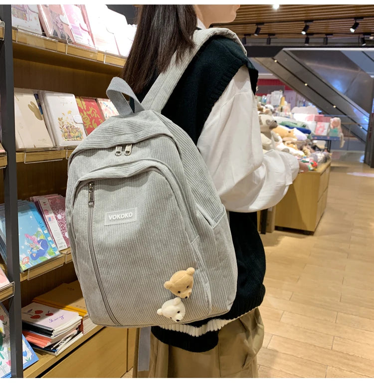 Stripe Corduroy Backpack Teenage Boys Girls Bag