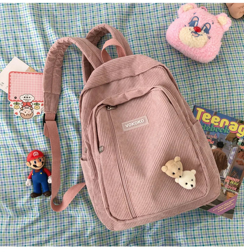 Striped Corduroy Backpack for Teens - Brown