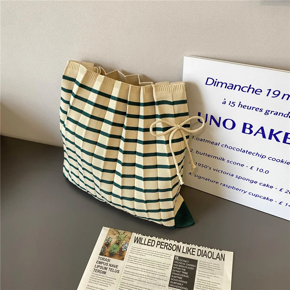 Stripe Knitted Pleated Bags Women Autumn Portable Single-shoulder