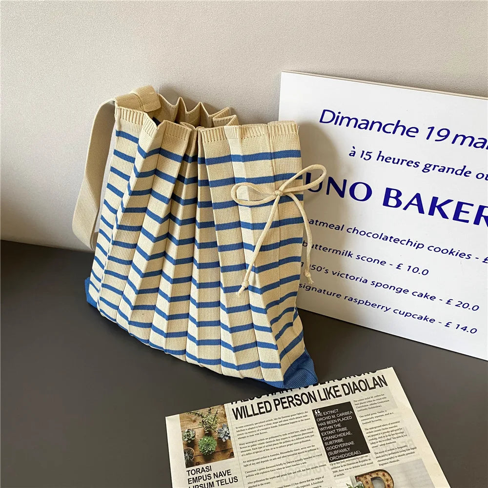 Stripe Knitted Pleated Bags Women Autumn Portable Single-shoulder
