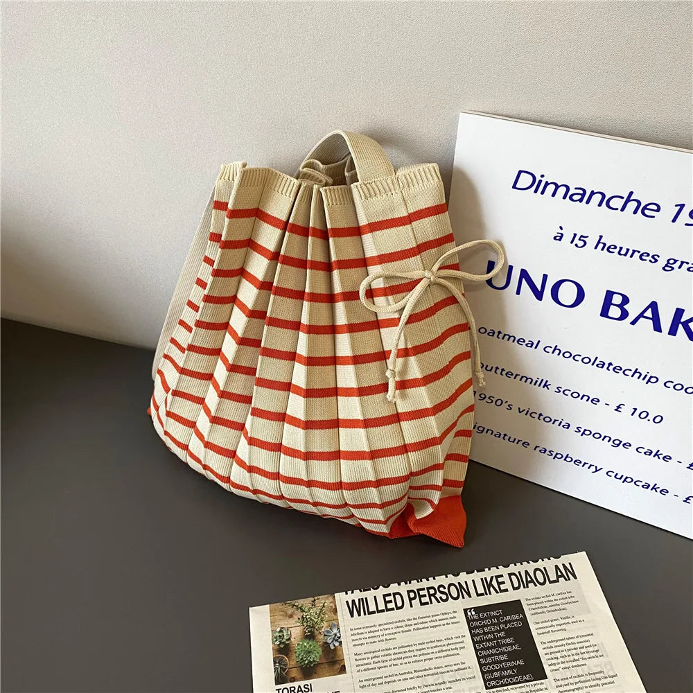 Stripe Knitted Pleated Bags Women Autumn Portable Single-shoulder